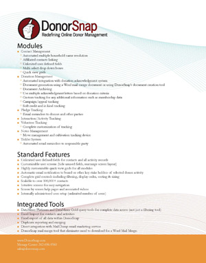 DonorSnap donor management features sheet